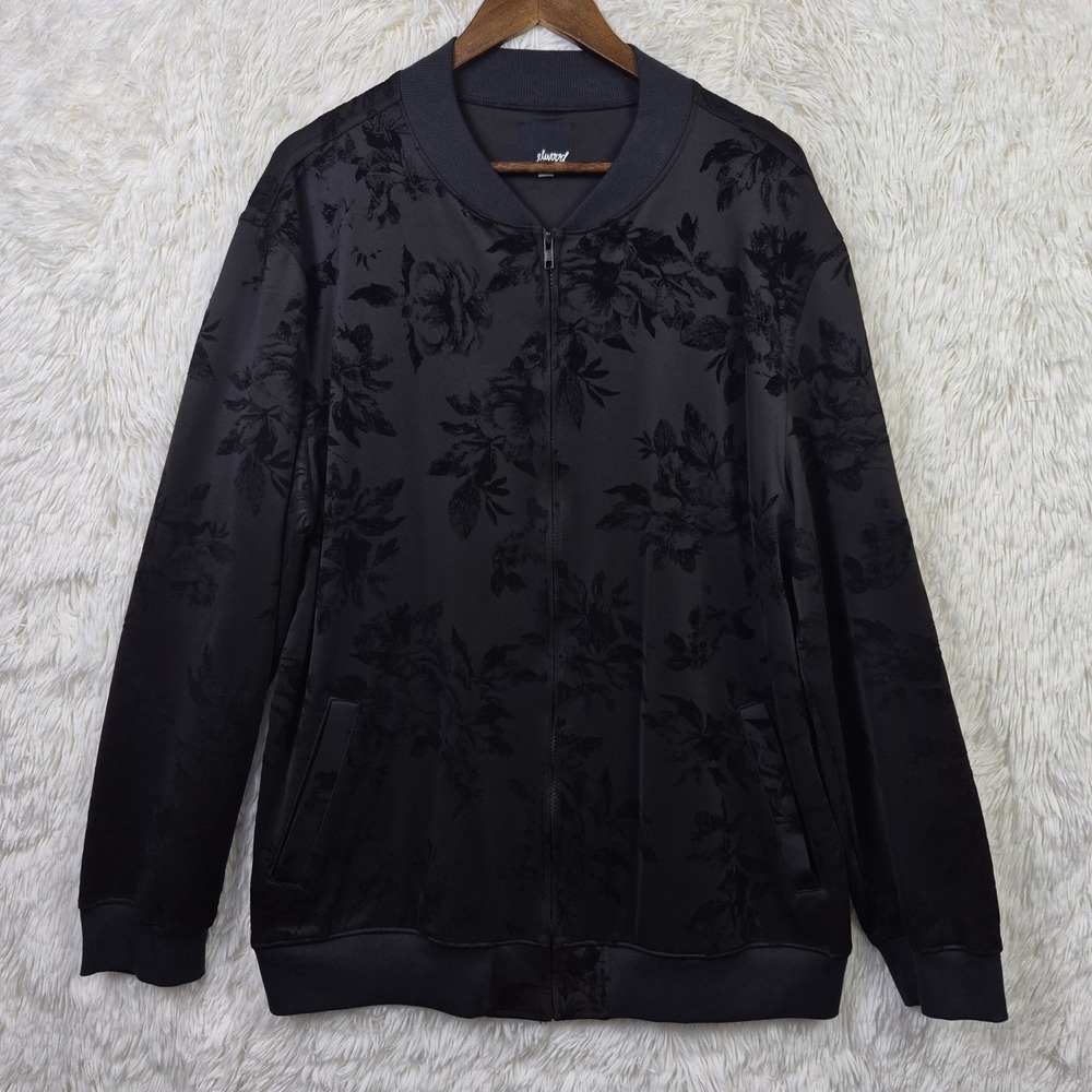 Elwood Mens XXL Black Velvet Burnout Floral Bomber Jacket Track Streetwear